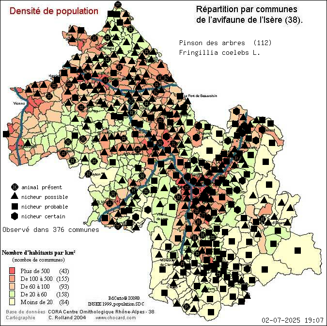 Carte de rpartition par communes en Isre d'une espce d'animal: Pinson des arbres (Fringillia coelebs L.) selon Densit de population