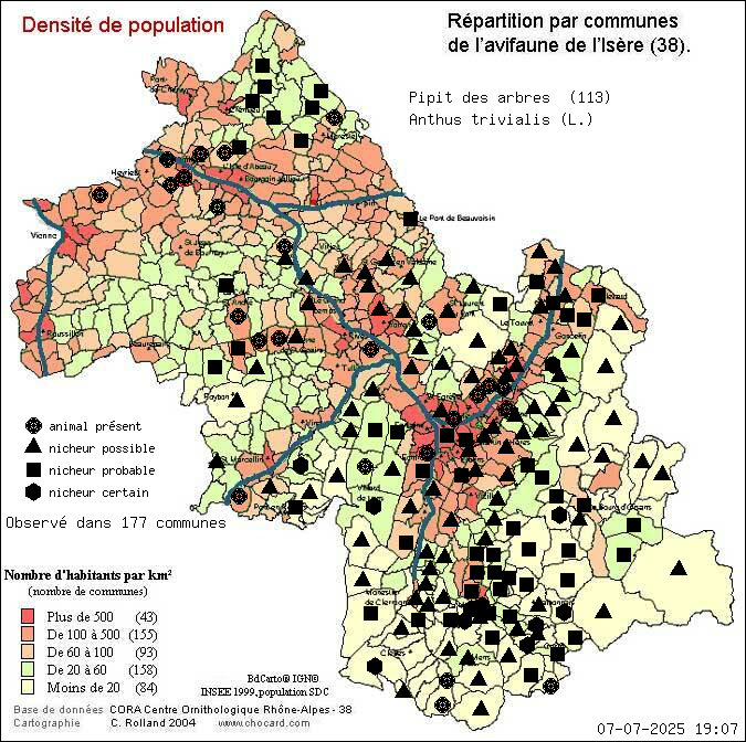 Carte de rpartition par communes en Isre d'une espce d'animal: Pipit des arbres (Anthus trivialis (L.)) selon Densit de population