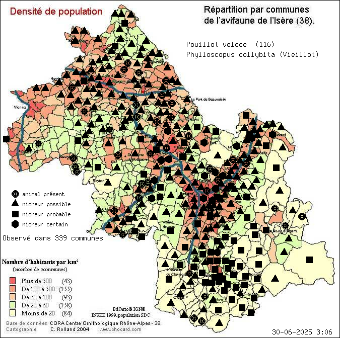 Carte de rpartition par communes en Isre d'une espce d'animal: Pouillot vloce (Phylloscopus collybita (Vieillot)) selon Densit de population