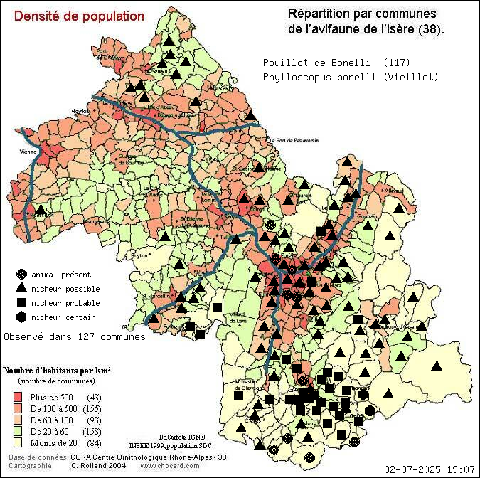 Carte de rpartition par communes en Isre d'une espce d'animal: Pouillot de Bonelli (Phylloscopus bonelli (Vieillot)) selon Densit de population