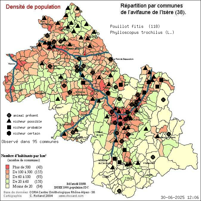 Carte de rpartition par communes en Isre d'une espce d'animal: Pouillot fitis (Phylloscopus trochilus (L.)) selon Densit de population