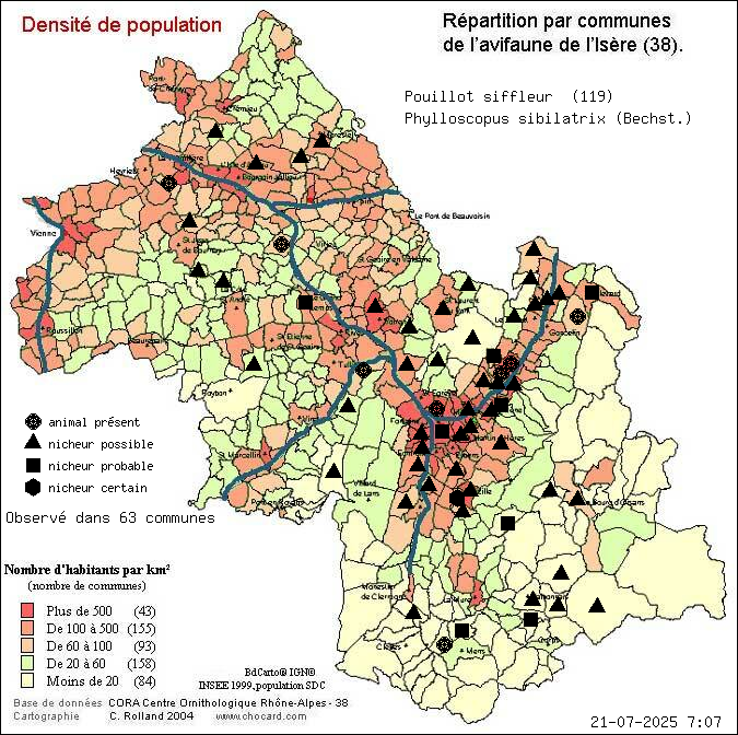 Carte de rpartition par communes en Isre d'une espce d'animal: Pouillot siffleur (Phylloscopus sibilatrix (Bechst.)) selon Densit de population