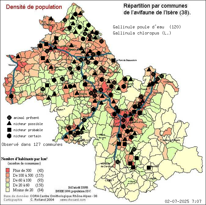 Carte de rpartition par communes en Isre d'une espce d'animal: Gallinule poule d eau (Gallinula chloropus (L.)) selon Densit de population