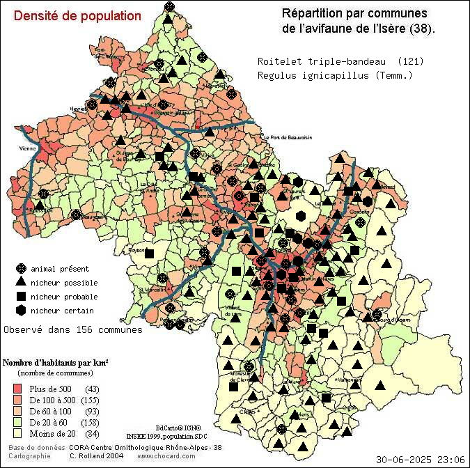 Carte de rpartition par communes en Isre d'une espce d'animal: Roitelet triple-bandeau (Regulus ignicapillus (Temm.)) selon Densit de population