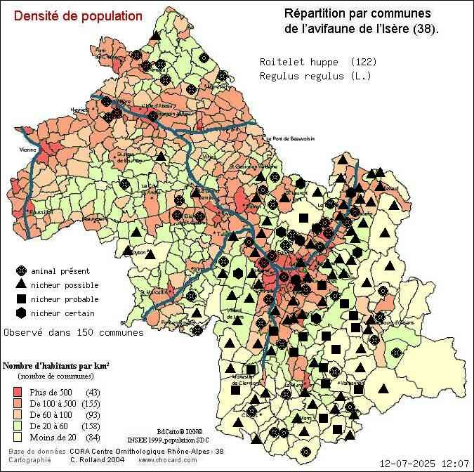Carte de rpartition par communes en Isre d'une espce d'animal: Roitelet hupp (Regulus regulus (L.)) selon Densit de population