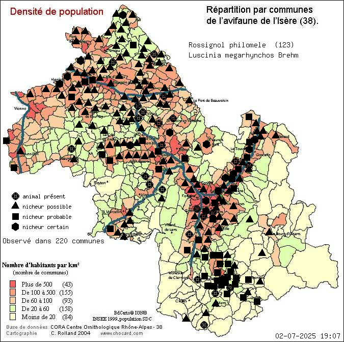 Carte de rpartition par communes en Isre d'une espce d'animal: Rossignol philomle (Luscinia megarhynchos Brehm) selon Densit de population