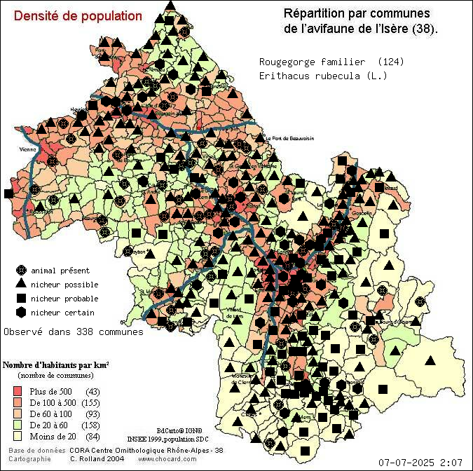 Carte de rpartition par communes en Isre d'une espce d'animal: Rougegorge familier (Erithacus rubecula (L.)) selon Densit de population