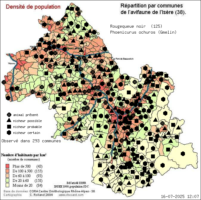 Rougequeue noir (Phoenicurus ochuros (Gmelin)): carte de répartition en Isère
