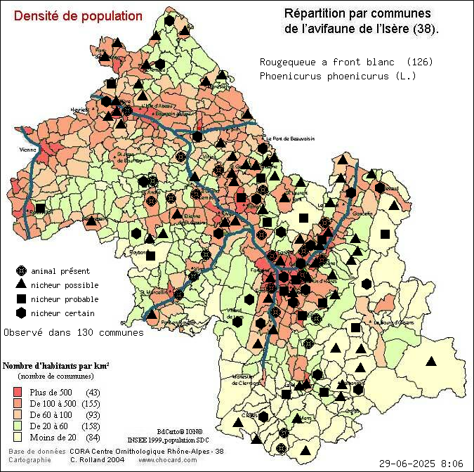 Carte de rpartition par communes en Isre d'une espce d'animal: Rougequeue  front blanc (Phoenicurus phoenicurus (L.)) selon Densit de population
