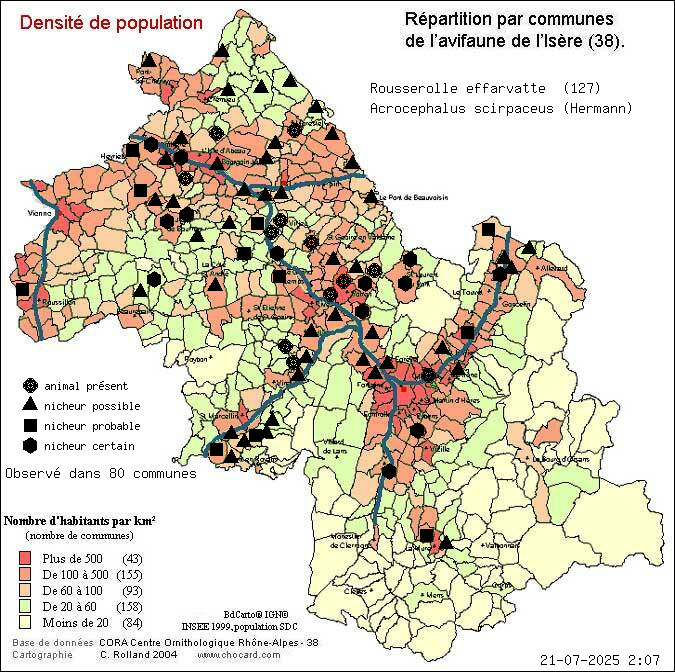 Carte de rpartition par communes en Isre d'une espce d'animal: Rousserolle effarvatte (Acrocephalus scirpaceus (Hermann)) selon Densit de population