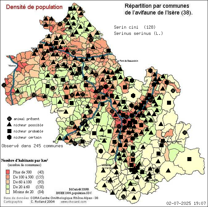 Carte de rpartition par communes en Isre d'une espce d'animal: Serin cini (Serinus serinus (L.)) selon Densit de population