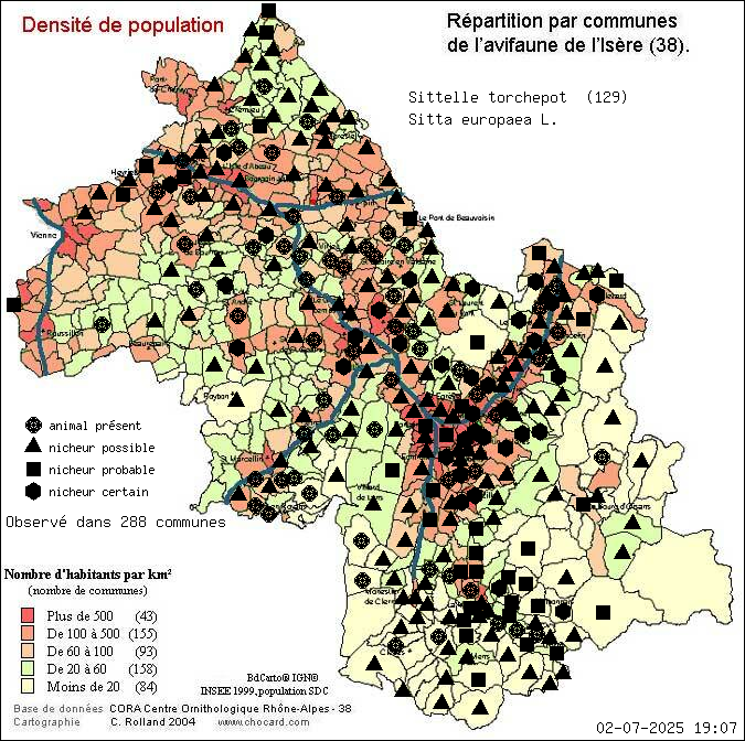 Carte de rpartition par communes en Isre d'une espce d'animal: Sittelle torchepot (Sitta europaea L.) selon Densit de population