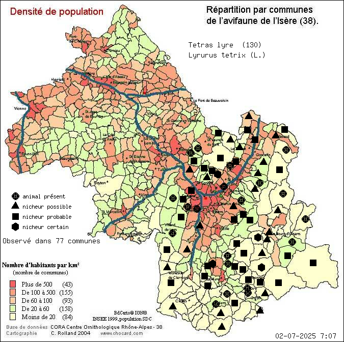 Ttras lyre (Lyrurus tetrix (L.)): carte de rpartition en Isre