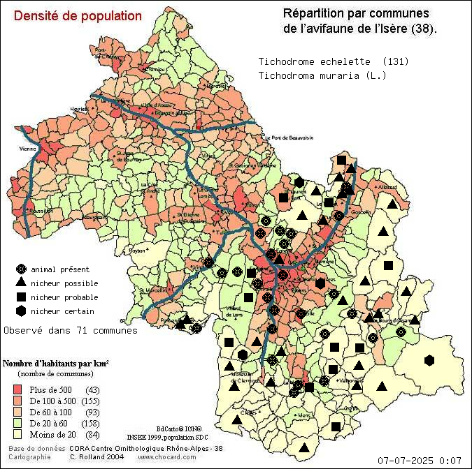 Tichodrome chelette (Tichodroma muraria (L.)): carte de rpartition en Isre