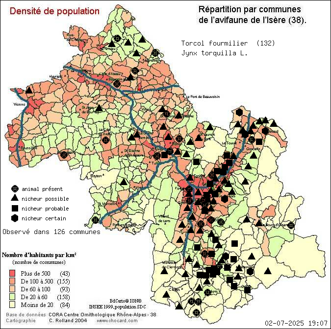 Carte de rpartition par communes en Isre d'une espce d'animal: Torcol fourmilier (Jynx torquilla L.) selon Densit de population