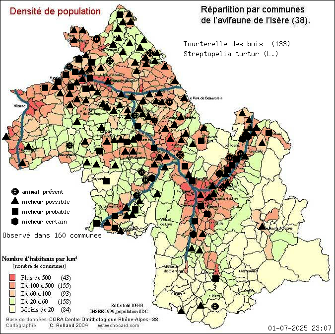 Tourterelle des bois (Streptopelia turtur (L.)): carte de rpartition en Isre