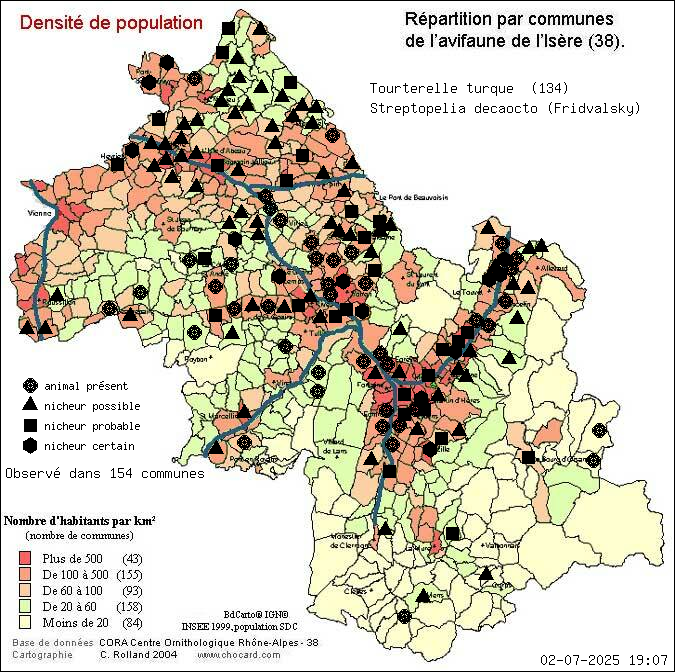 Carte de rpartition par communes en Isre d'une espce d'animal: Tourterelle turque (Streptopelia decaocto (Fridvalsky)) selon Densit de population