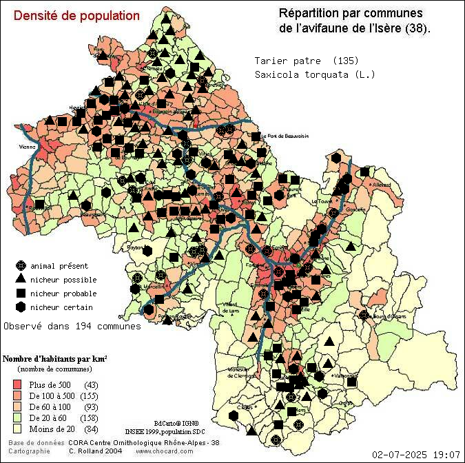 Tarier ptre (Saxicola torquata (L.)): carte de rpartition en Isre