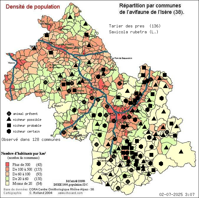 Tarier des prs (Saxicola rubetra (L.)): carte de rpartition en Isre