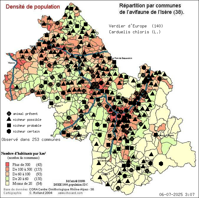 Verdier d Europe (Carduelis chloris (L.)): carte de rpartition en Isre