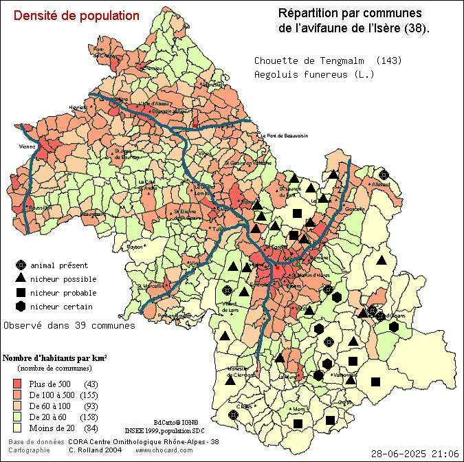 Chouette de Tengmalm (Aegoluis funereus (L.)): carte de rpartition en Isre