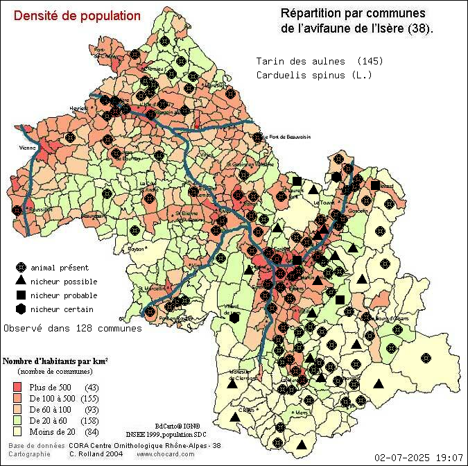 Carte de rpartition par communes en Isre d'une espce d'animal: Tarin des aulnes (Carduelis spinus (L.)) selon Densit de population