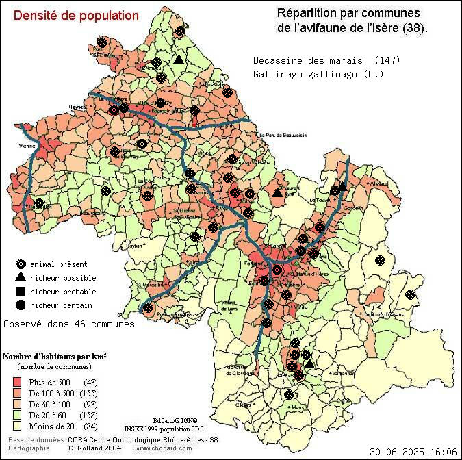 Carte de rpartition par communes en Isre d'une espce d'animal: Bcassine des marais (Gallinago gallinago (L.)) selon Densit de population