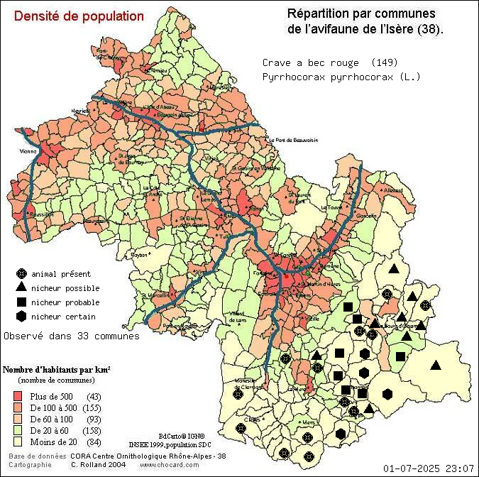 Crave  bec rouge (Pyrrhocorax pyrrhocorax (L.)): carte de rpartition en Isre