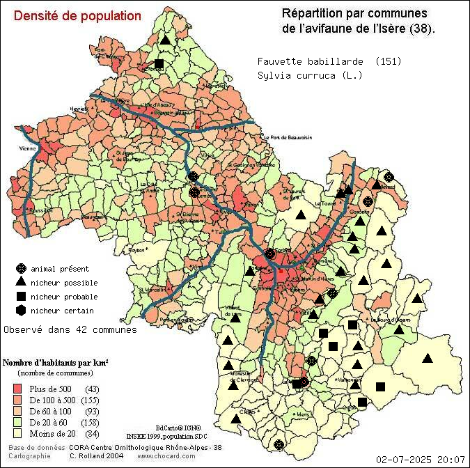 Fauvette babillarde (Sylvia curruca (L.)): carte de rpartition en Isre