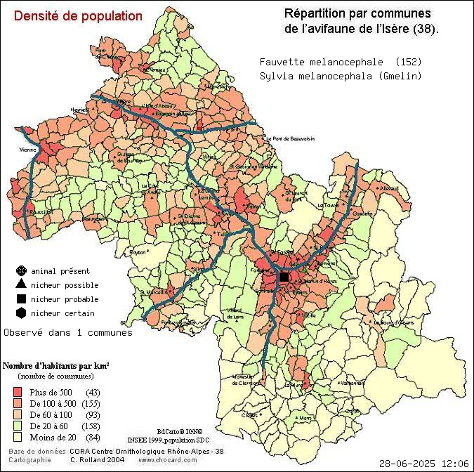 Fauvette mlanocphale (Sylvia melanocephala (Gmelin)): carte de rpartition en Isre