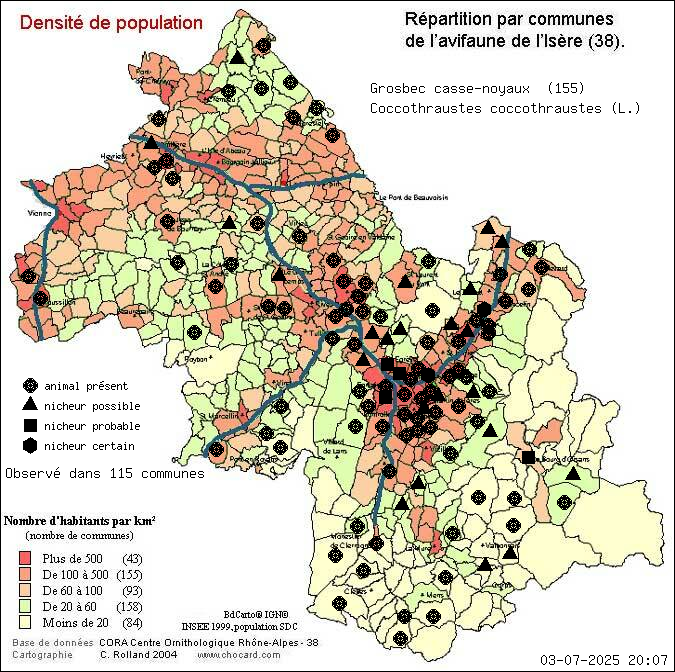 Grosbec casse-noyaux (Coccothraustes coccothraustes (L.)): carte de rpartition en Isre