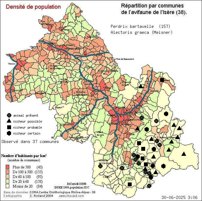 Perdrix bartavelle (Alectoris graeca (Meisner)): carte de rpartition en Isre