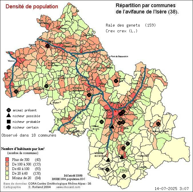 Carte de rpartition par communes en Isre d'une espce d'animal: Rle des gents (Crex crex (L.)) selon Densit de population