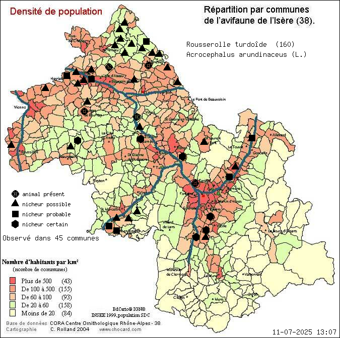 Carte de rpartition par communes en Isre d'une espce d'animal: Rousserolle turdode (Acrocephalus arundinaceus (L.)) selon Densit de population