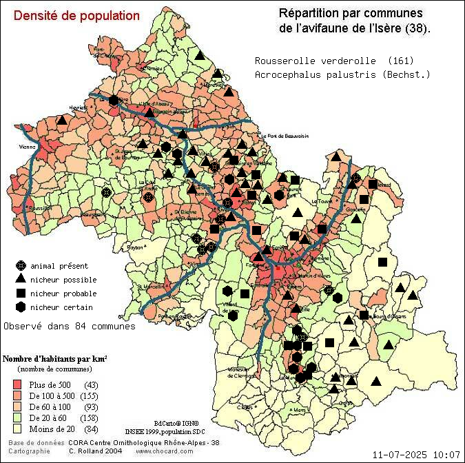Carte de rpartition par communes en Isre d'une espce d'animal: Rousserolle verderolle (Acrocephalus palustris (Bechst.)) selon Densit de population