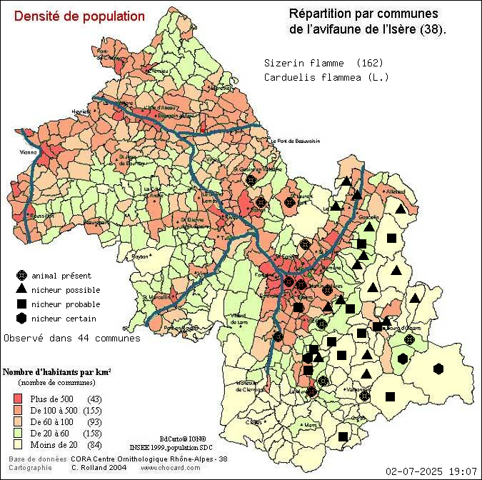 Carte de rpartition par communes en Isre d'une espce d'animal: Sizerin flamm (Carduelis flammea (L.)) selon Densit de population