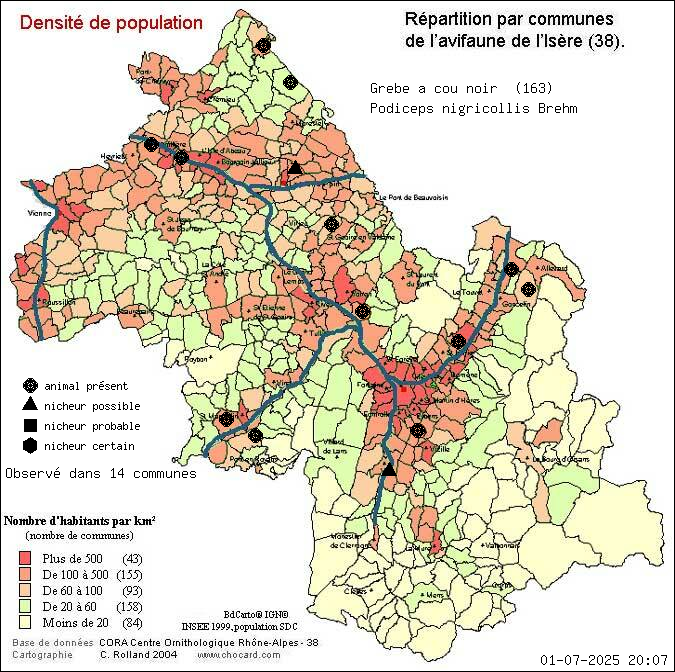 Grbe  cou noir (Podiceps nigricollis Brehm): carte de rpartition en Isre