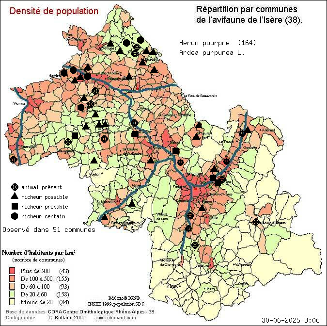 Carte de rpartition par communes en Isre d'une espce d'animal: Hron pourpr (Ardea purpurea L.) selon Densit de population