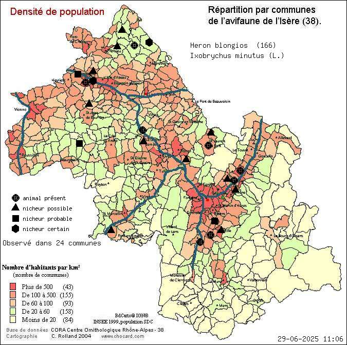 Hron blongios (Ixobrychus minutus (L.)): carte de rpartition en Isre