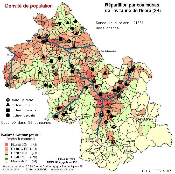 Carte de rpartition par communes en Isre d'une espce d'animal: Sarcelle d hiver (Anas crecca L.) selon Densit de population
