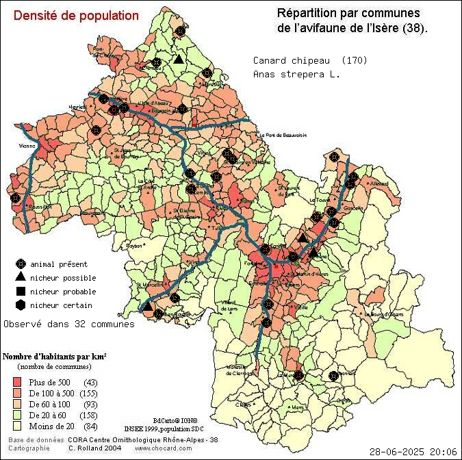 Canard chipeau (Anas strepera L.): carte de rpartition en Isre