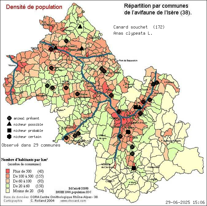 Canard souchet (Anas clypeata L.): carte de rpartition en Isre