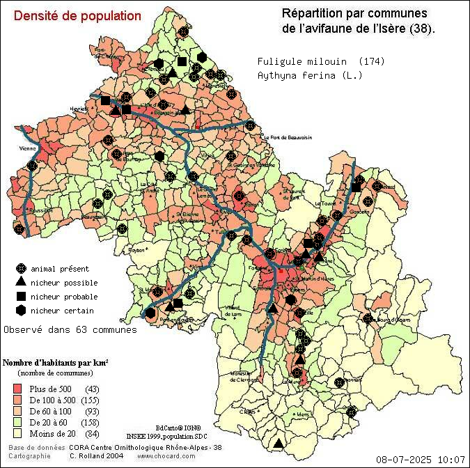 Carte de rpartition par communes en Isre d'une espce d'animal: Fuligule milouin (Aythyna ferina (L.)) selon Densit de population