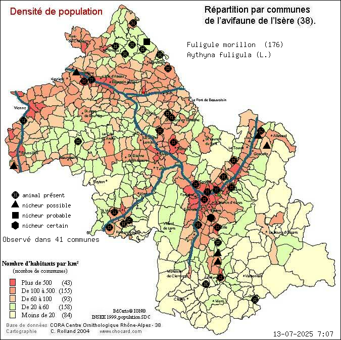 Carte de rpartition par communes en Isre d'une espce d'animal: Fuligule morillon (Aythyna fuligula (L.)) selon Densit de population