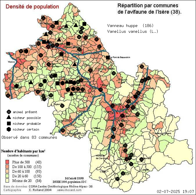 Carte de rpartition par communes en Isre d'une espce d'animal: Vanneau hupp (Vanellus vanellus (L.)) selon Densit de population