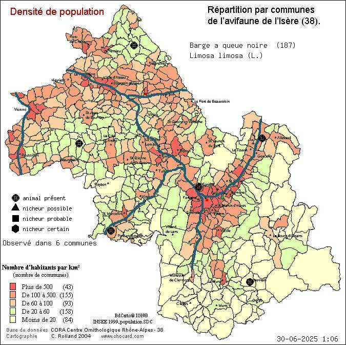 Carte de rpartition par communes en Isre d'une espce d'animal: Barge  queue noire (Limosa limosa (L.)) selon Densit de population