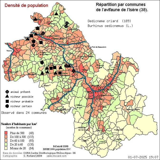 Oedicnme criard (Burhinus oedicnemus (L.)): carte de rpartition en Isre