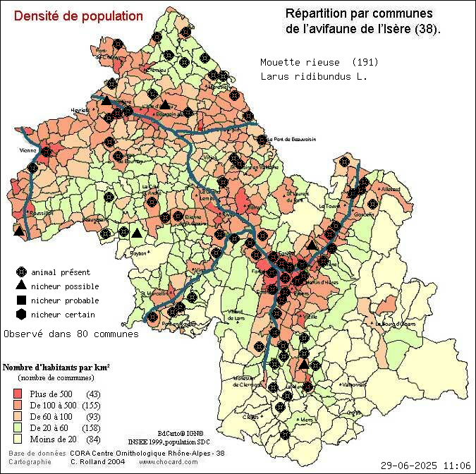 Mouette rieuse (Larus ridibundus L.): carte de rpartition en Isre
