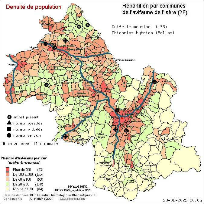 Guifette moustac (Chidonias hybrida (Pallas)): carte de rpartition en Isre