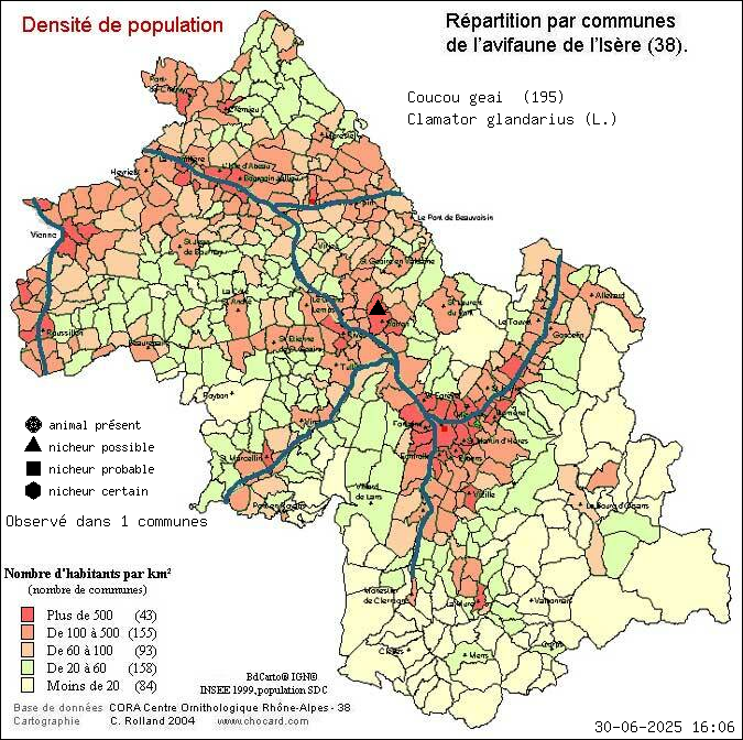 Carte de rpartition par communes en Isre d'une espce d'animal: Coucou geai (Clamator glandarius (L.)) selon Densit de population